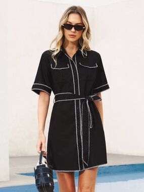 Commense Black Shirt Dress with White Trim